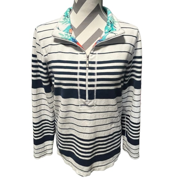Tommy Bahama Knit Pullover 1/2 Zip Long Sleeve Blue White Stripe Floral Tropical - Picture 7 of 15